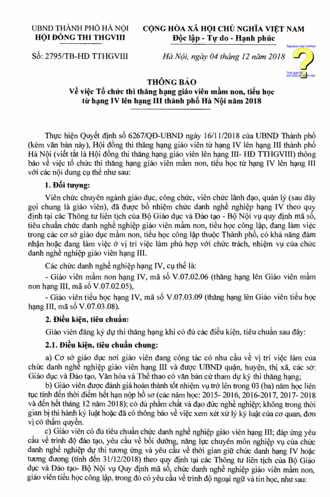 THÔNG BÁO Về việc TỔ CHỨC THI THĂNG HẠNG GIÁO VIÊN MẦM NON, TIỂU HỌC TỪ HẠNG IV LÊN HẠNG III THÀNH PHỐ HÀ NỘI NĂM 2018