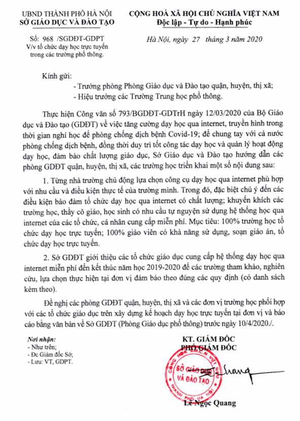 CÔNG VĂN SỐ 968/SGDĐT-GDPT Ngày 27/3/2020