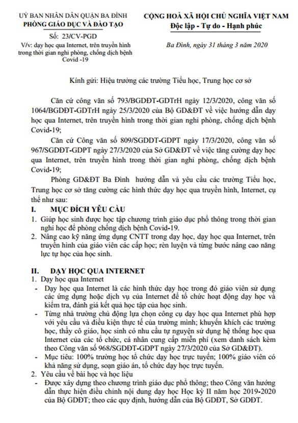 Công văn Số 23/CV-PGD Ngày 31/3/2020