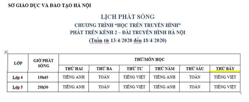 LỊCH PHÁT SÓNG CHƯƠNG TRÌNH “HỌC TRÊN TRUYỀN HÌNH” PHÁT TRÊN KÊNH 1 – ĐÀI TRUYỀN HÌNH HÀ NỘI