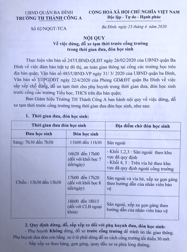 Nội quy số 02/NQGT-TCA và Bản cam kết về việc dừng, đỗ xe tạm thời trước cổng trường trong thời gian đưa, đón học sinh