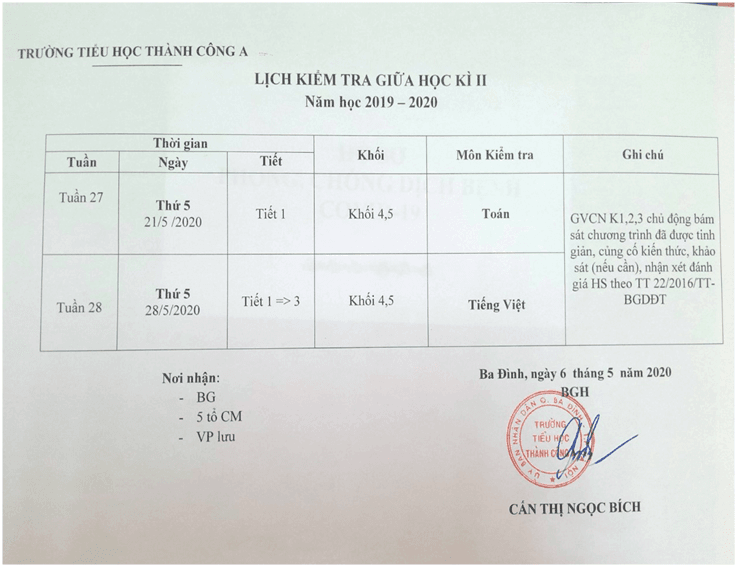 Lịch kiểm tra giữa học kỳ II