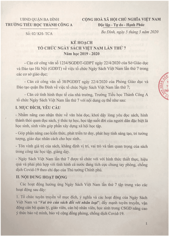 Kế hoạch tổ chức Ngày sách Việt Nam lần thứ 7 Năm học 2019 - 2020
