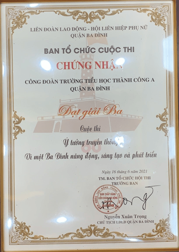 Công đoàn trường Tiểu học Thành Công A đạt giải Ba cuộc thi Ý tưởng truyền thông “Vì một Ba Đình năng động, sáng tạo và phát triển”