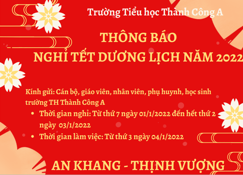 Trường TH Thành Công A thông báo thời gian nghỉ Tết Dương lịch 2022