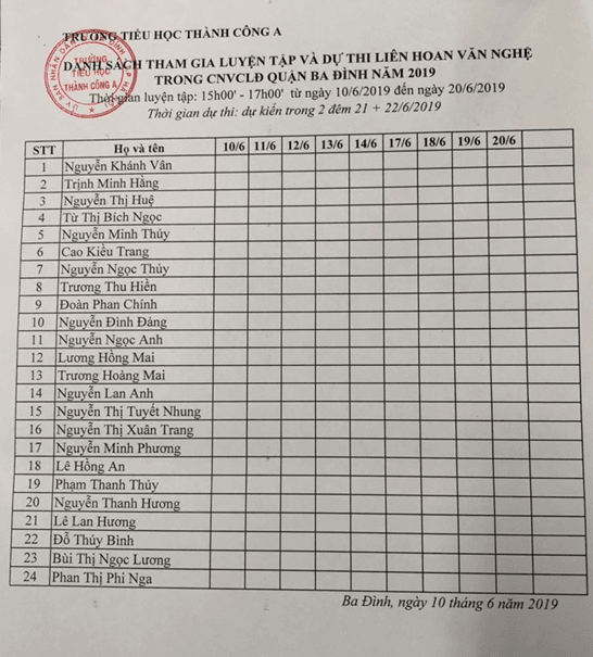"DANH SÁCH THAM GIA LUYỆN TẬP VÀ DỰ THI LIÊN HOAN VĂN NGHỆ  TRONG CNVCLĐ QUẬN BA ĐÌNH NĂM 2019"