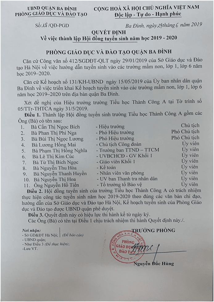 QUYẾT ĐỊNH THÀNH LẬP HỘI ĐỒNG TUYỂN SINH NĂM HỌC 2019-2020