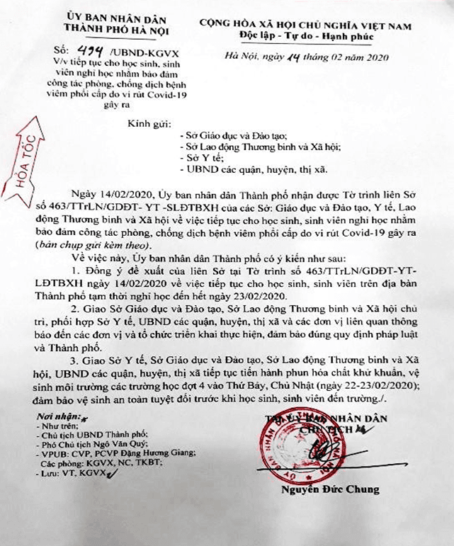 CÔNG VĂN HỎA TỐC SỐ 494/UBND-KGVX ngày 14 tháng 2 năm 2020