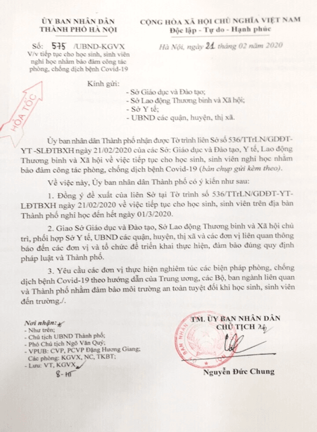 CÔNG VĂN HỎA TỐC CỦA UBND THÀNH PHỐ