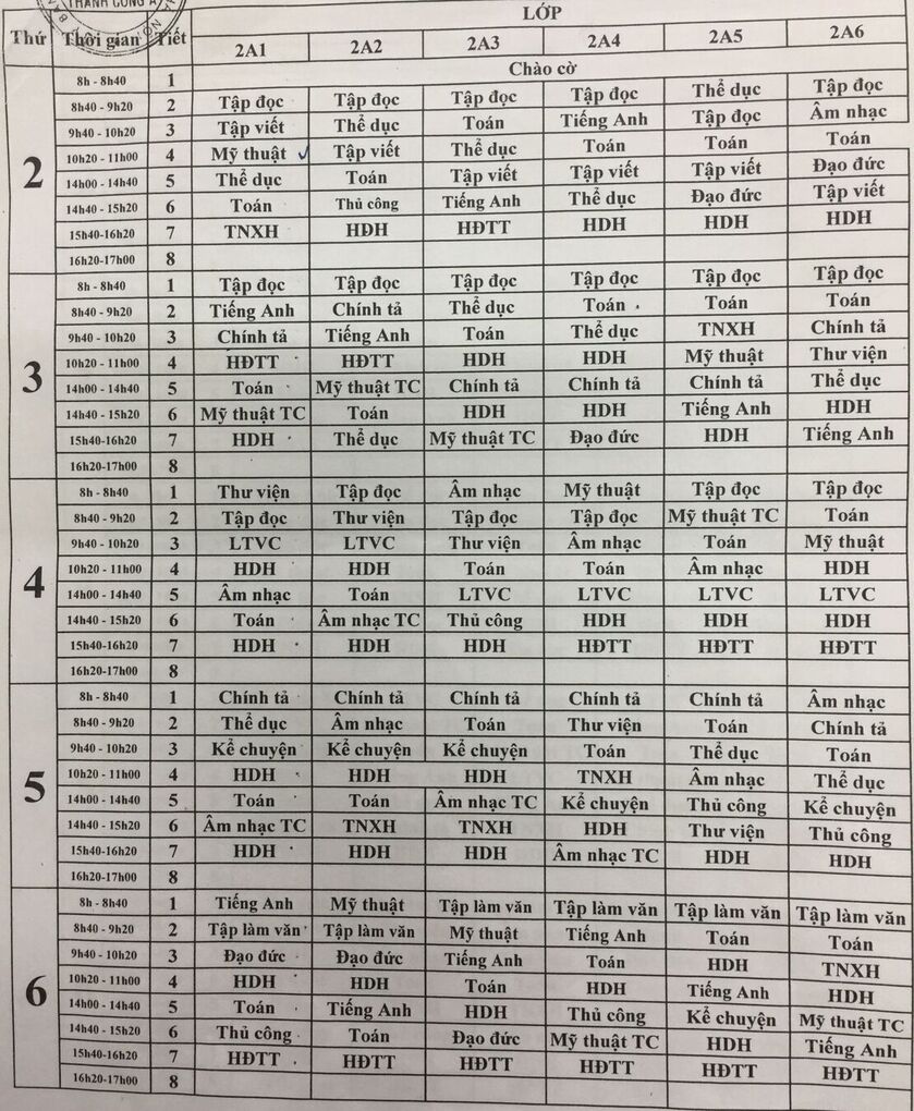 THỜI KHÓA BIỂU LỚP 2