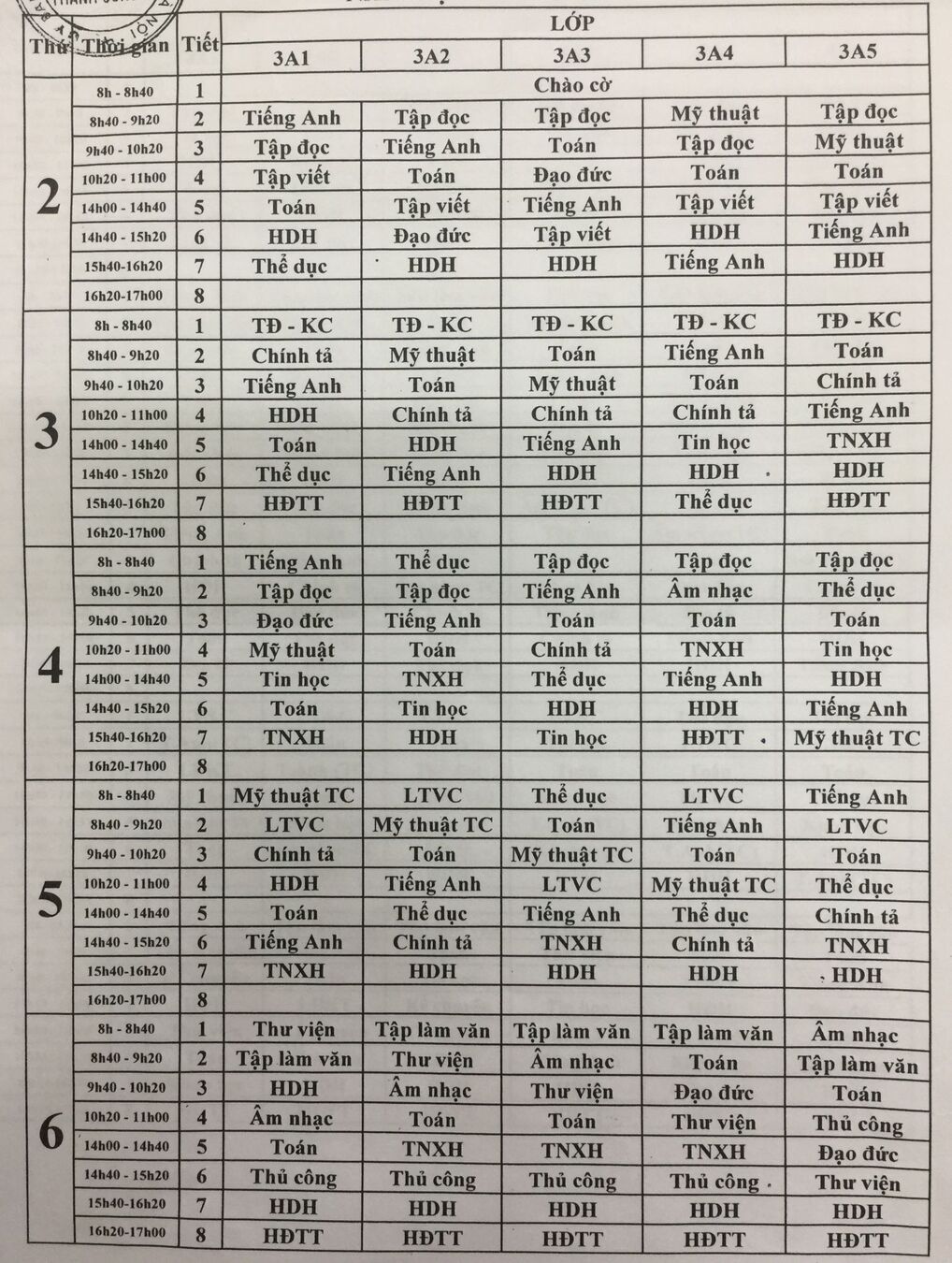 THỜI KHÓA BIỂU LỚP 3