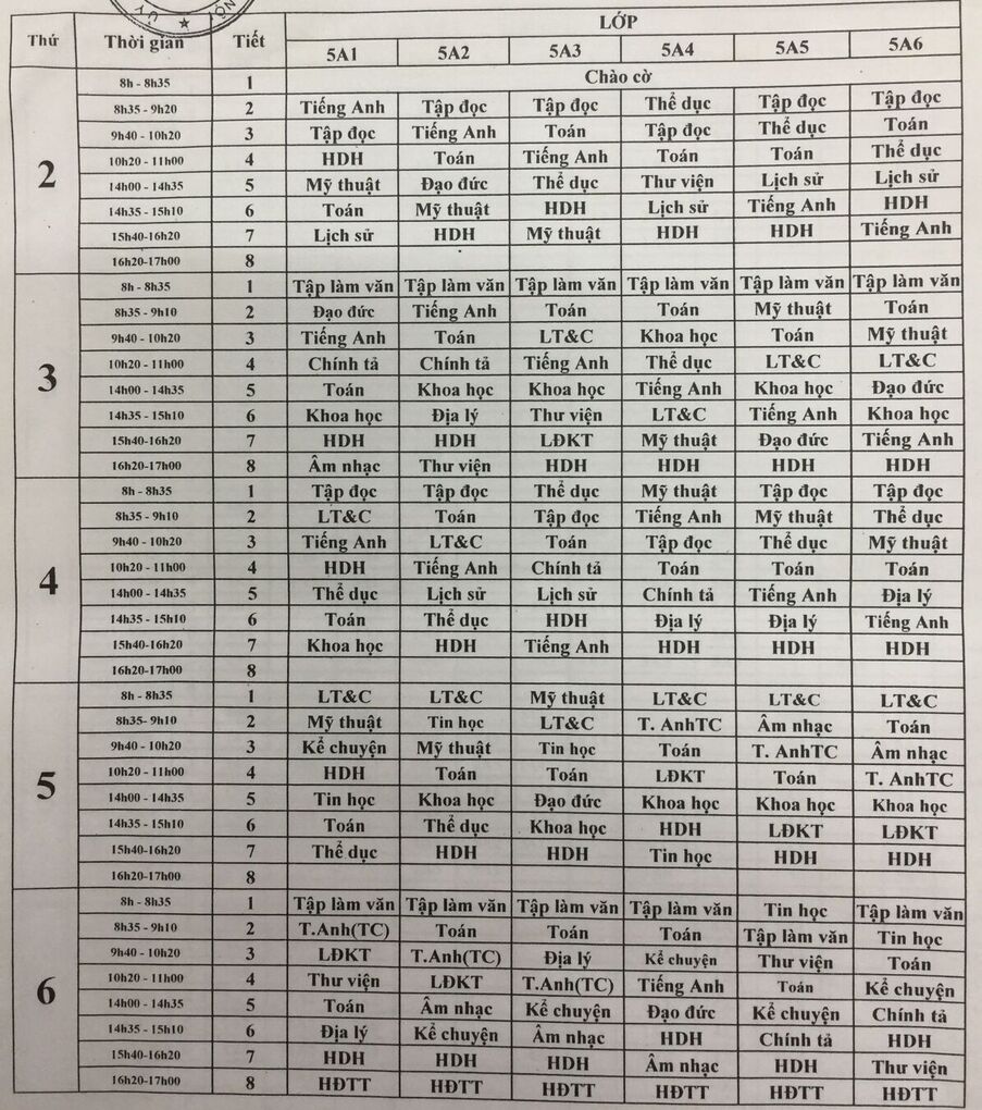 THỜI KHÓA BIỂU KHỐI 5