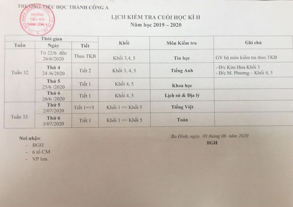 Trường Tiểu học Thành Công A thông báo lịch kiểm tra cuối học kì II năm học 2019 - 2020