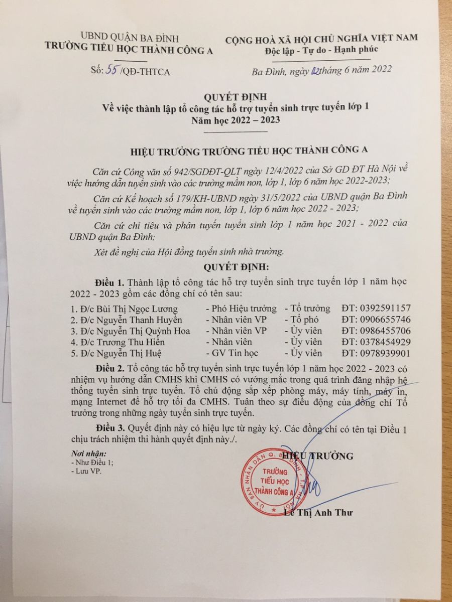 Quyết định về việc thành lập tổ công tác hỗ trợ tuyển sinh trực tuyến lớp 1 năm học 2022 - 2023
