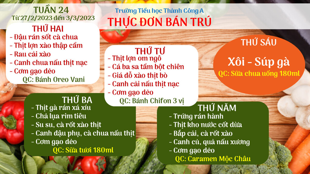 Thực đơn bán trú tuần 24 (Từ ngày 27/2 đến 3/3/ năm 2023)