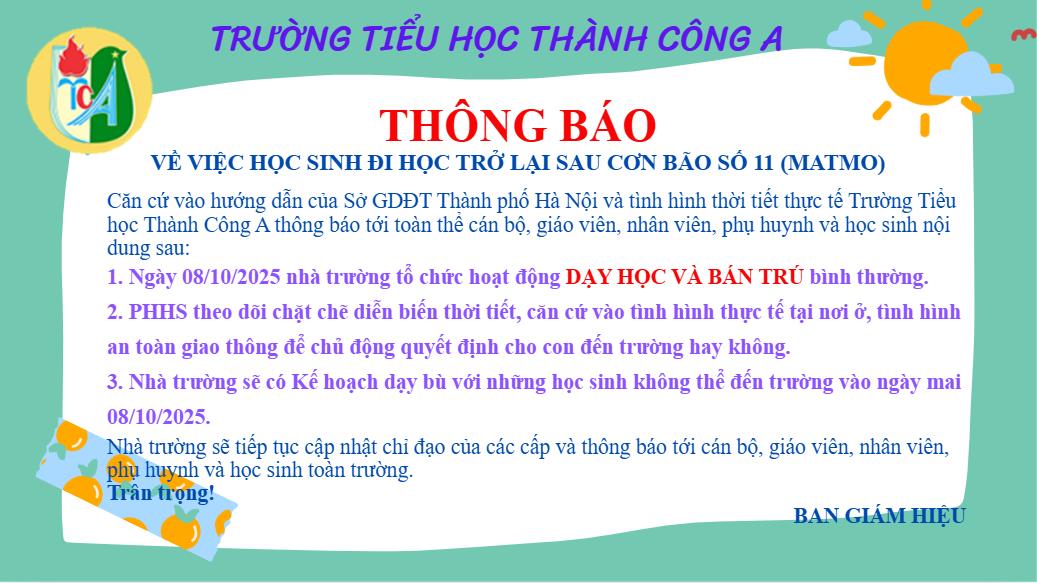 Thông báo về việc học sinh đi học trở lại sau cơn bão số 11 (cơn bão Matmo)
