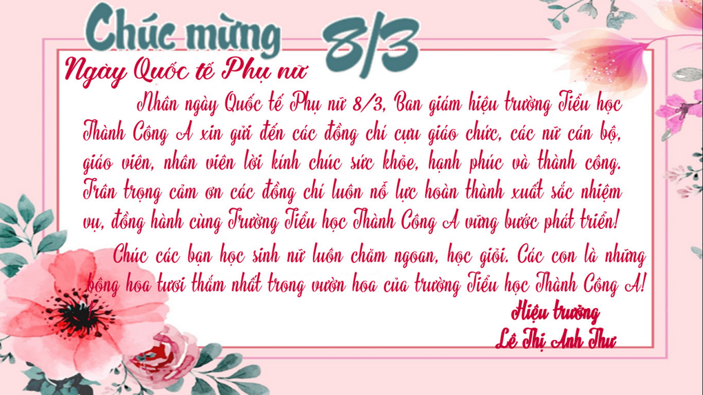 Trường Tiểu học Thành Công A gửi lời chúc mừng ngày Quốc tế Phụ nữ 8-3
