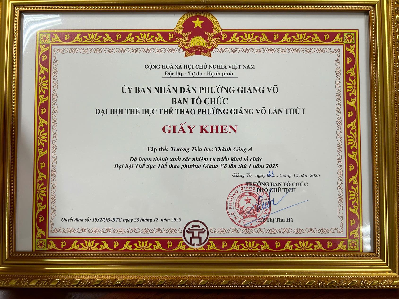 Chúc mừng trường Tiểu học Thành Công A được khen thưởng là Tập thể hoàn thành xuất sắc nhiệm vụ triển khai, tổ chức Đại hội Thể dục Thể thao phường lần thứ nhất