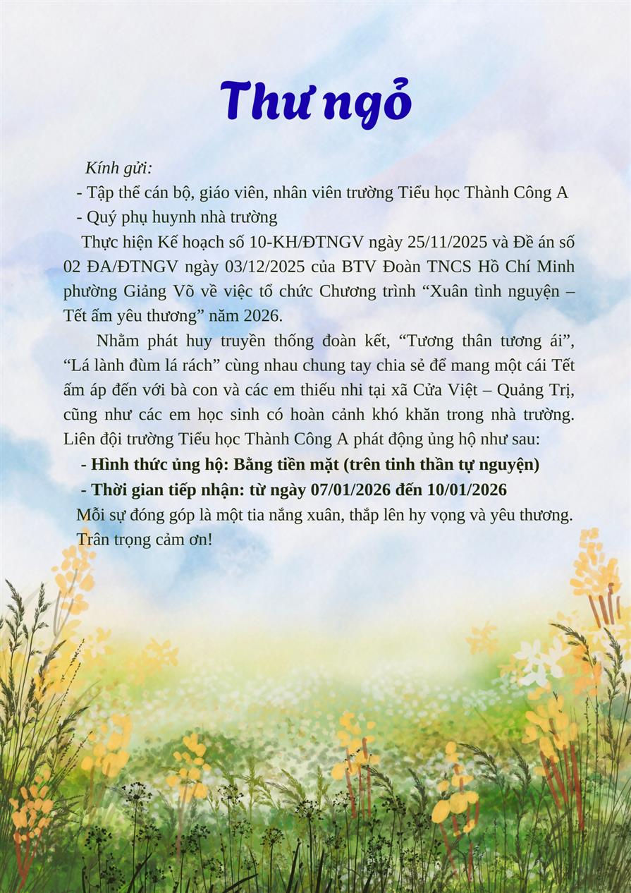 Liên đội trường Tiểu học Thành Công A phát động chương trình "Xuân tình nguyện - Tết ấm yêu thương"