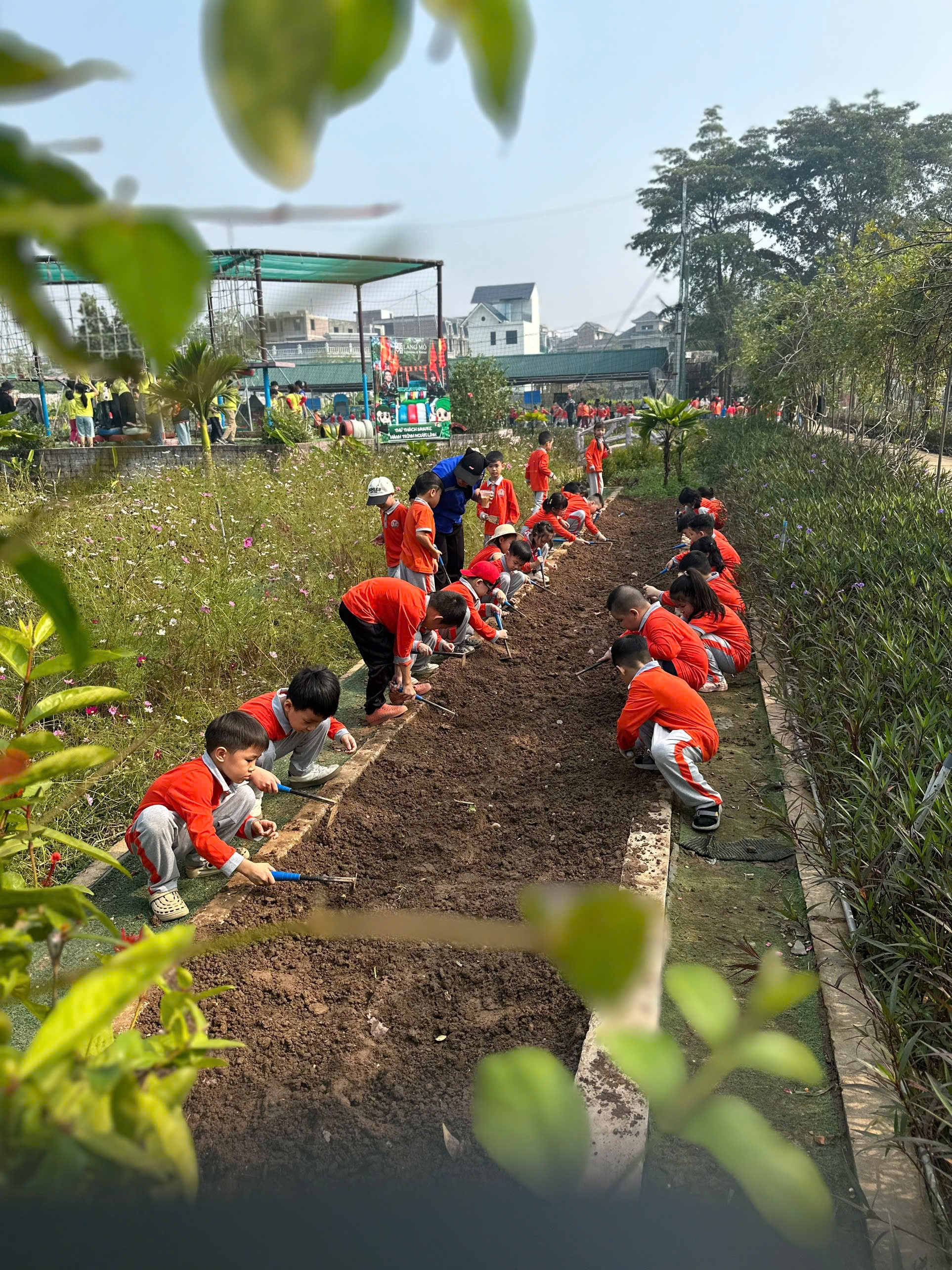 A group of children in red and orange clothes working in a garden
AI-generated content may be incorrect.